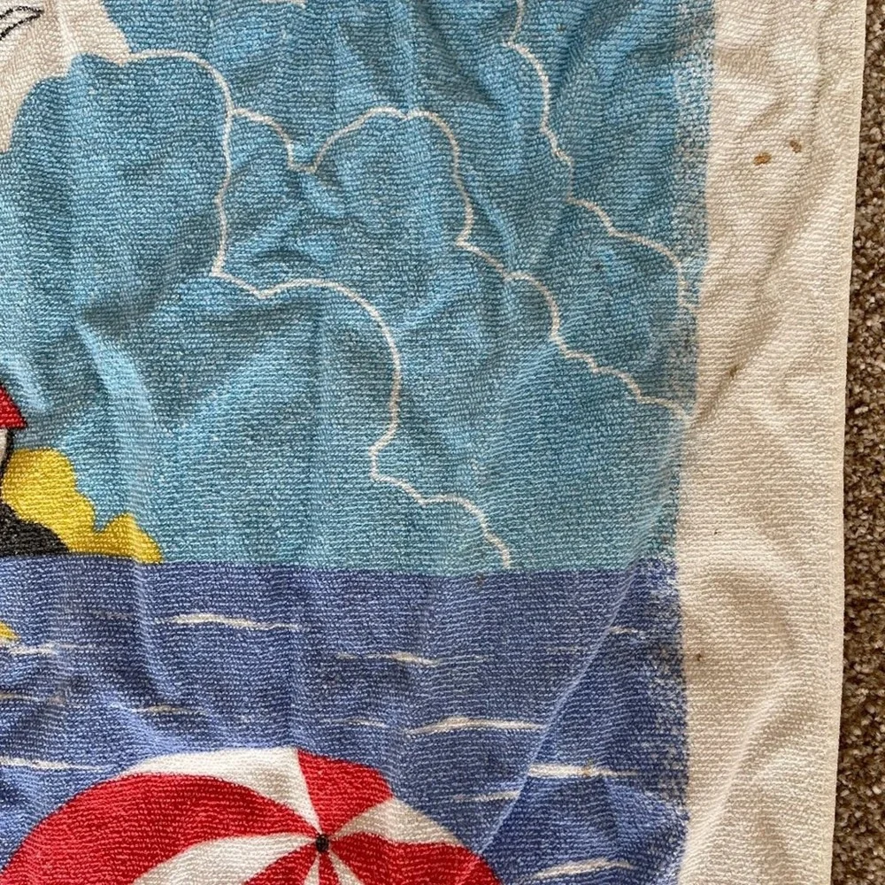 Vintage Beach Scene Towel Terry Cloth Lighthouse Seagulls Sailboat 46x25 Stains